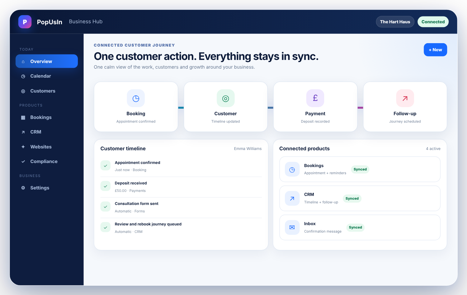 One connected customer journey across bookings, customers, payment and follow-up